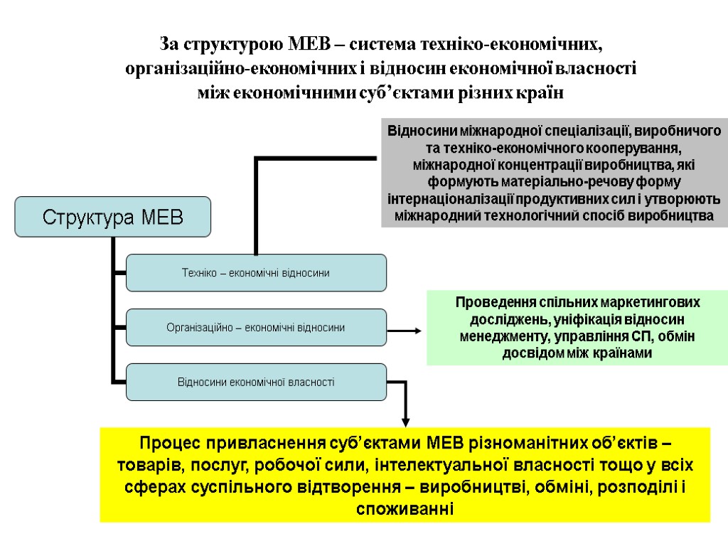 За структурою МЕВ – система техніко-економічних, організаційно-економічних і відносин економічної власності між економічними суб’єктами